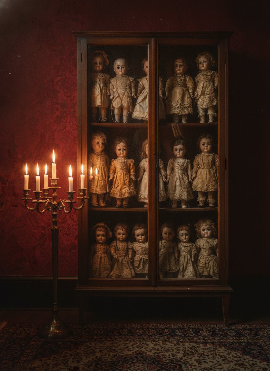 A candlelit parlour cabinet lined with antique dolls behind aged glass.